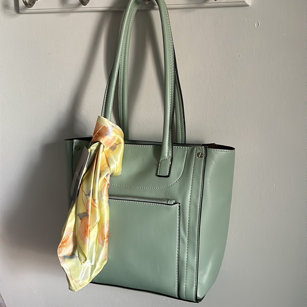 New London Fog Vegan Leather Shopper Tote with Floral Scarf Purse Fob - Picture 2 of 15